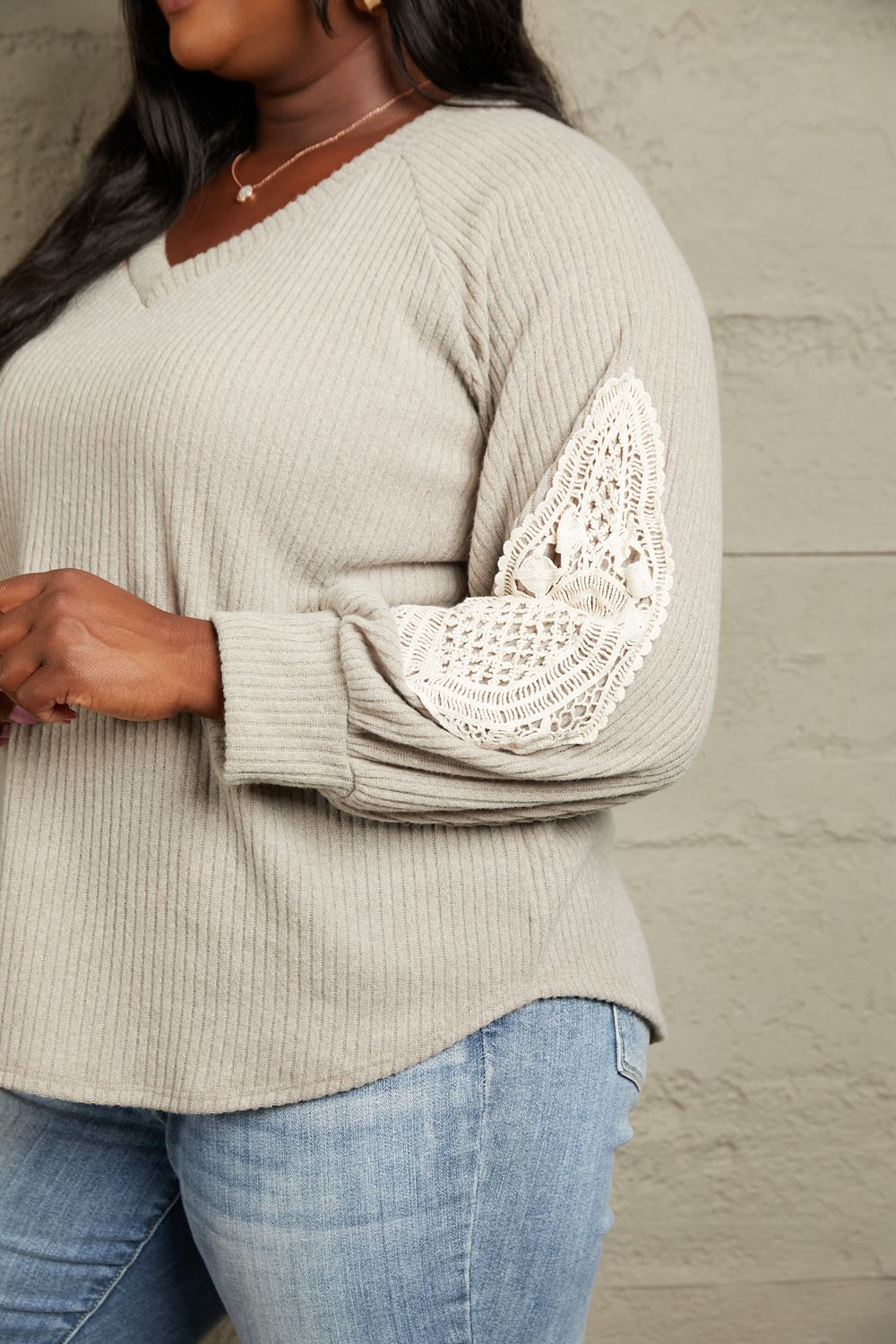 Lace Patch Detail Sweater in Beige
