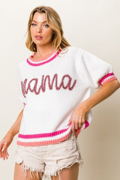 MAMA Contrast Trim Short Sleeve Sweater White/Fuchsia