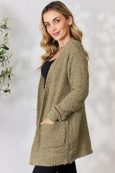 Falling For You Open Front Popcorn Cardigan in Khaki