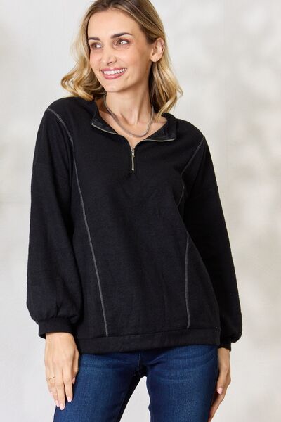 Half Zip Brushed Terry Long Sleeve Top in Black