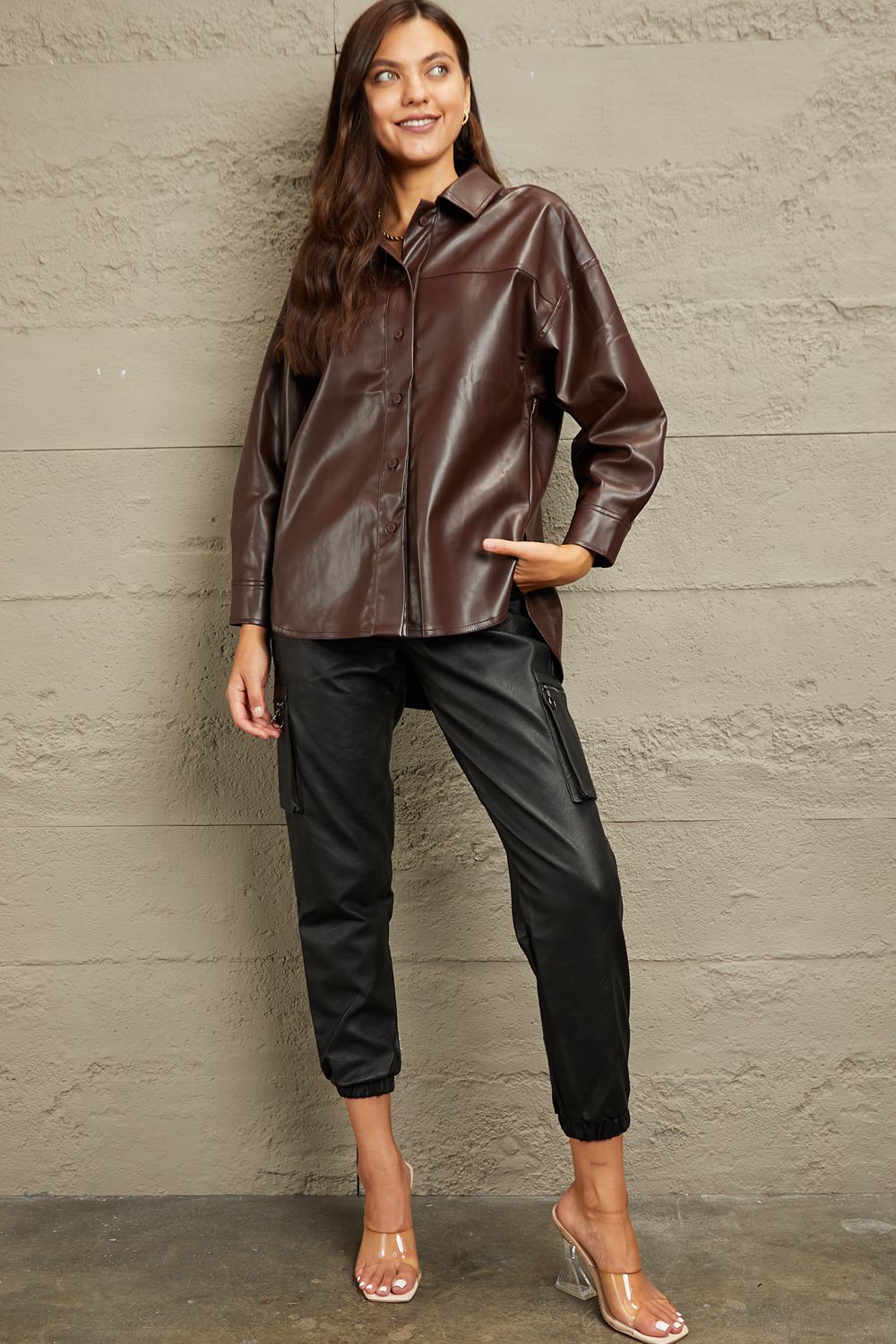 Vegan Leather Button Down Shirt in Burnt Umber