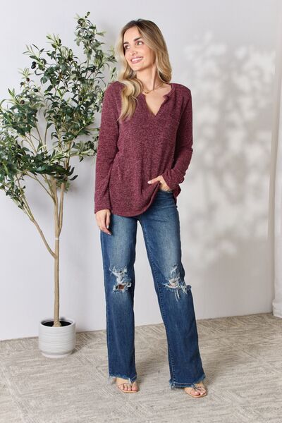 Burgundy Notched Long Sleeve Top