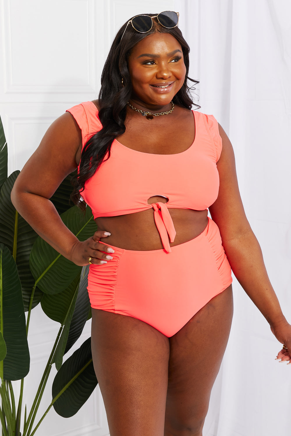 Sanibel Crop Swim Top and Ruched Bottoms Set in Coral