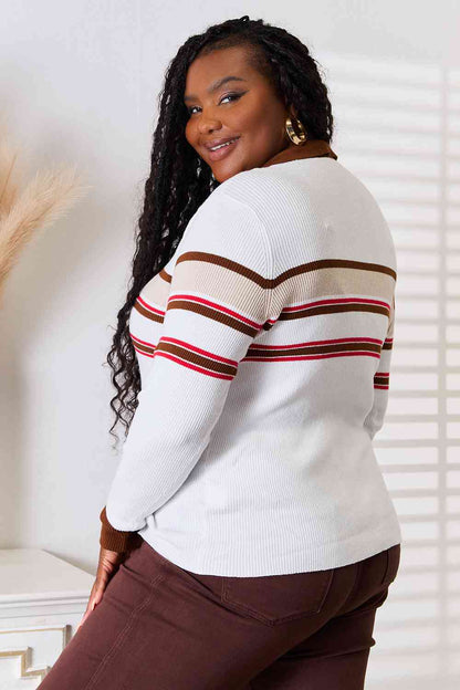 Striped Collared Neck Rib-Knit Top in Beige