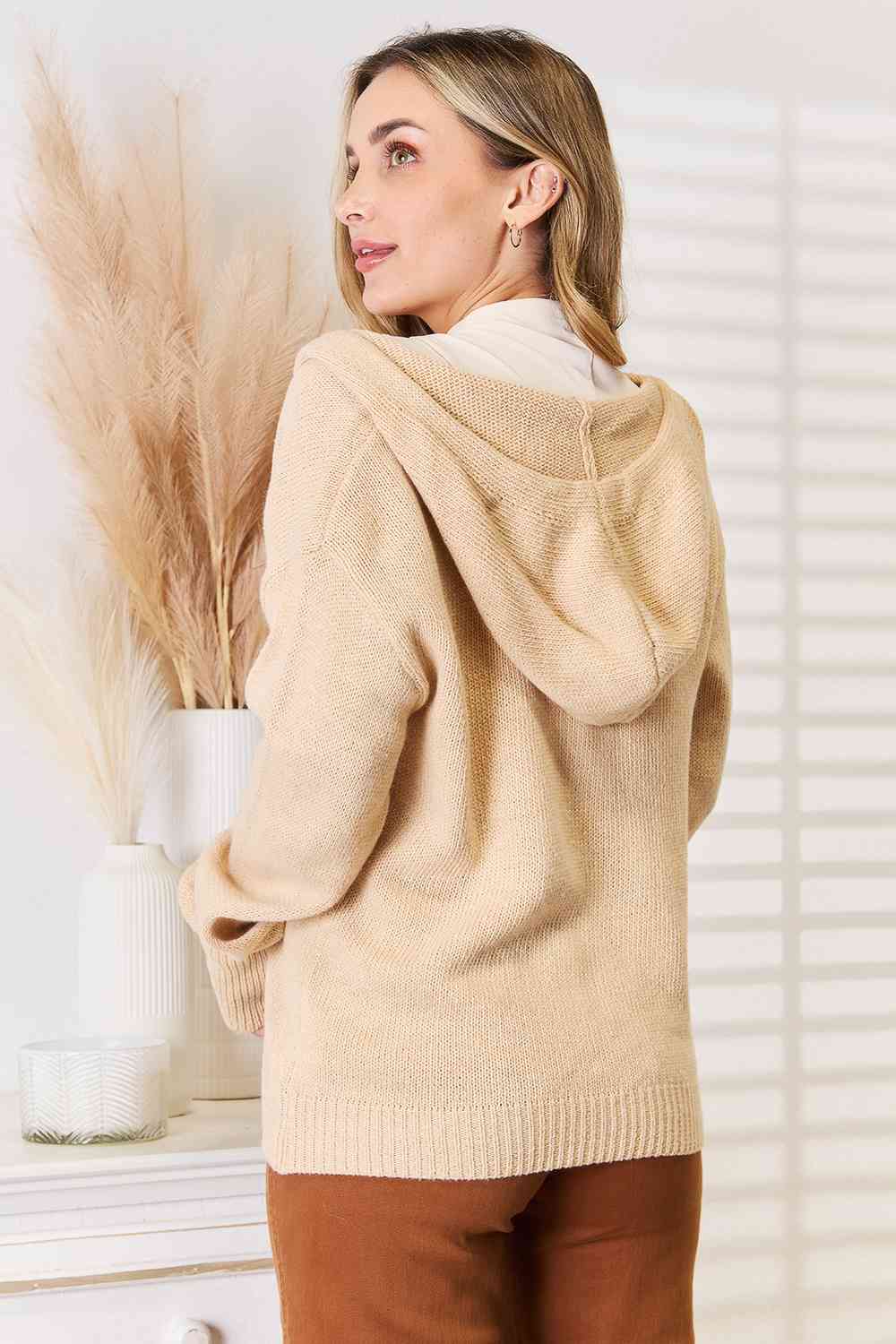 Tan Button-Down Long Sleeve Hooded Sweater