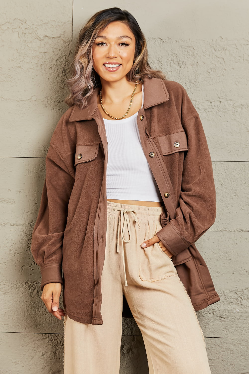 Cozy Girl Button Down Shacket in Coffee Brown