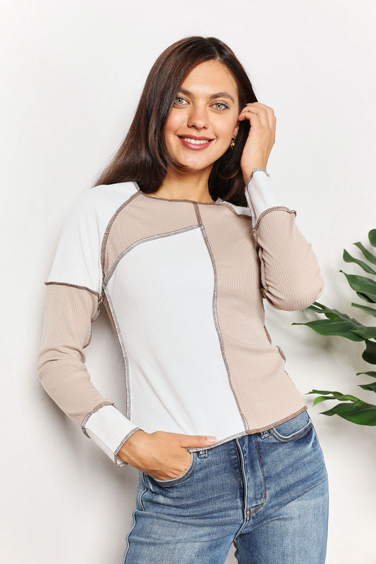 Color Block Exposed Seam Top in Khaki