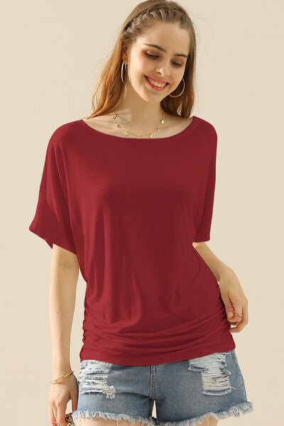 Boat Neck Short Sleeve Ruched Side Top in Black, Blue or Burgundy