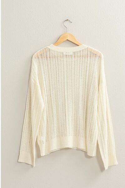 Wiped Cream Openwork Ribbed Trim Long Sleeve Knit Top