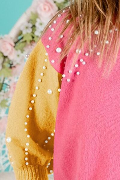 Pink Color Block Pearl Decor Cropped Sweater