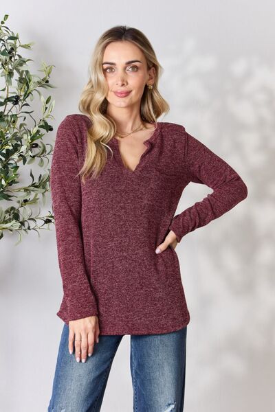 Burgundy Notched Long Sleeve Top