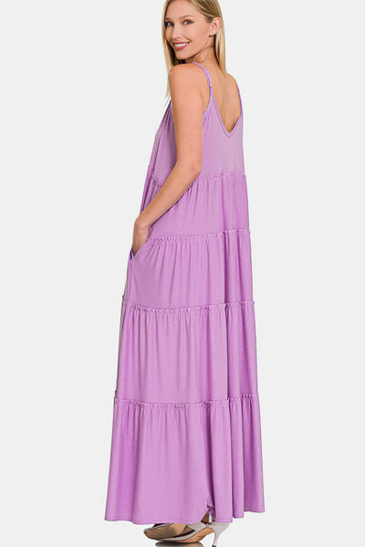 Frill Tiered V-Neck Maxi Cami Dress in Lavender