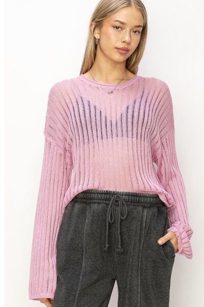 Pink Openwork Ribbed Long Sleeve Knit Top