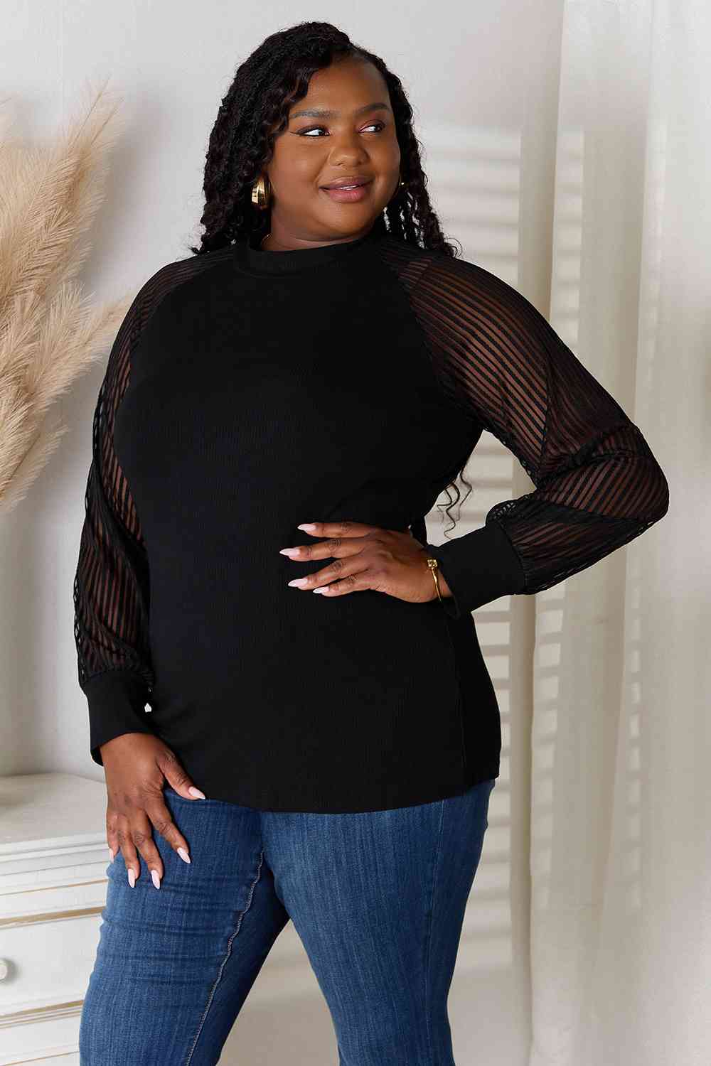 Black Round Neck Raglan Sleeve Blouse