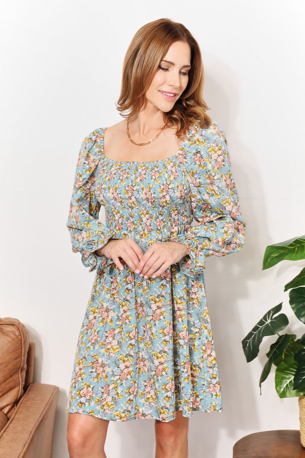 Floral Smocked Flounce Sleeve Square Neck Dress in Floral