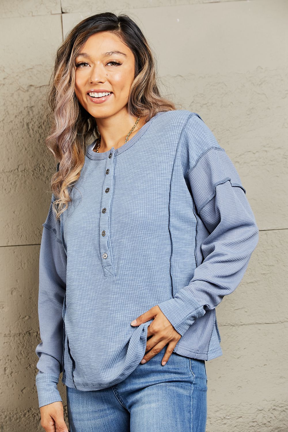 Understand me Oversized Henley Top in Misty Blue