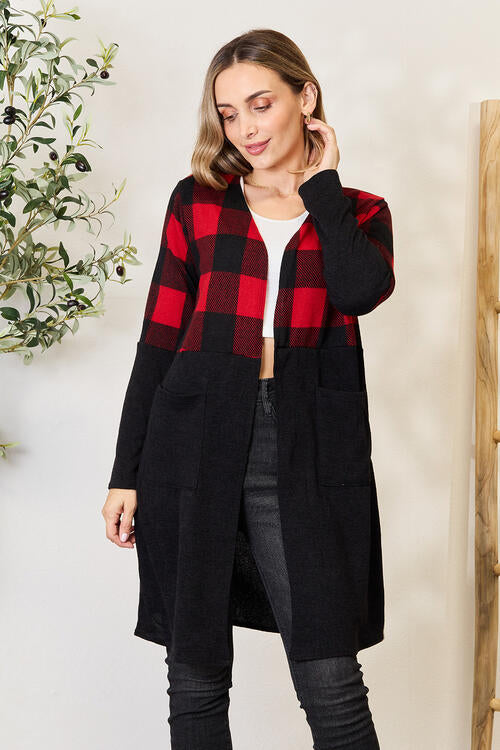 Black/Red Plaid Open Front Cardigan