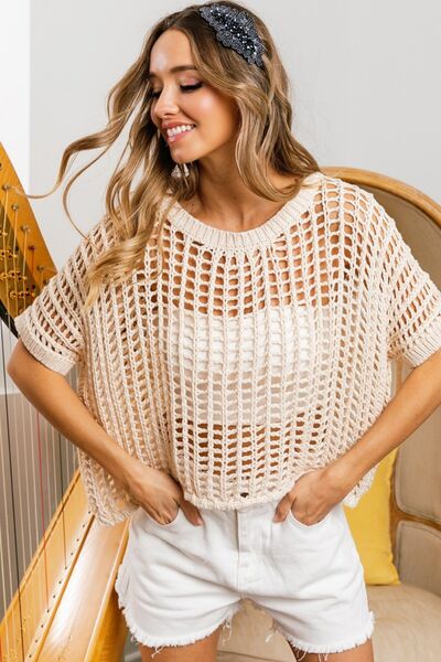 Hollowed Out Short Sleeve Knit Top in Oatmeal