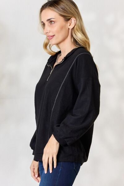 Half Zip Brushed Terry Long Sleeve Top in Black