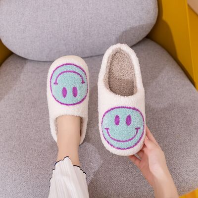 Smiley Face Slippers in White/Sky Blue