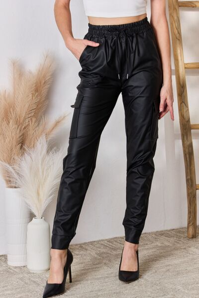 Black Faux Leather Cargo Pants