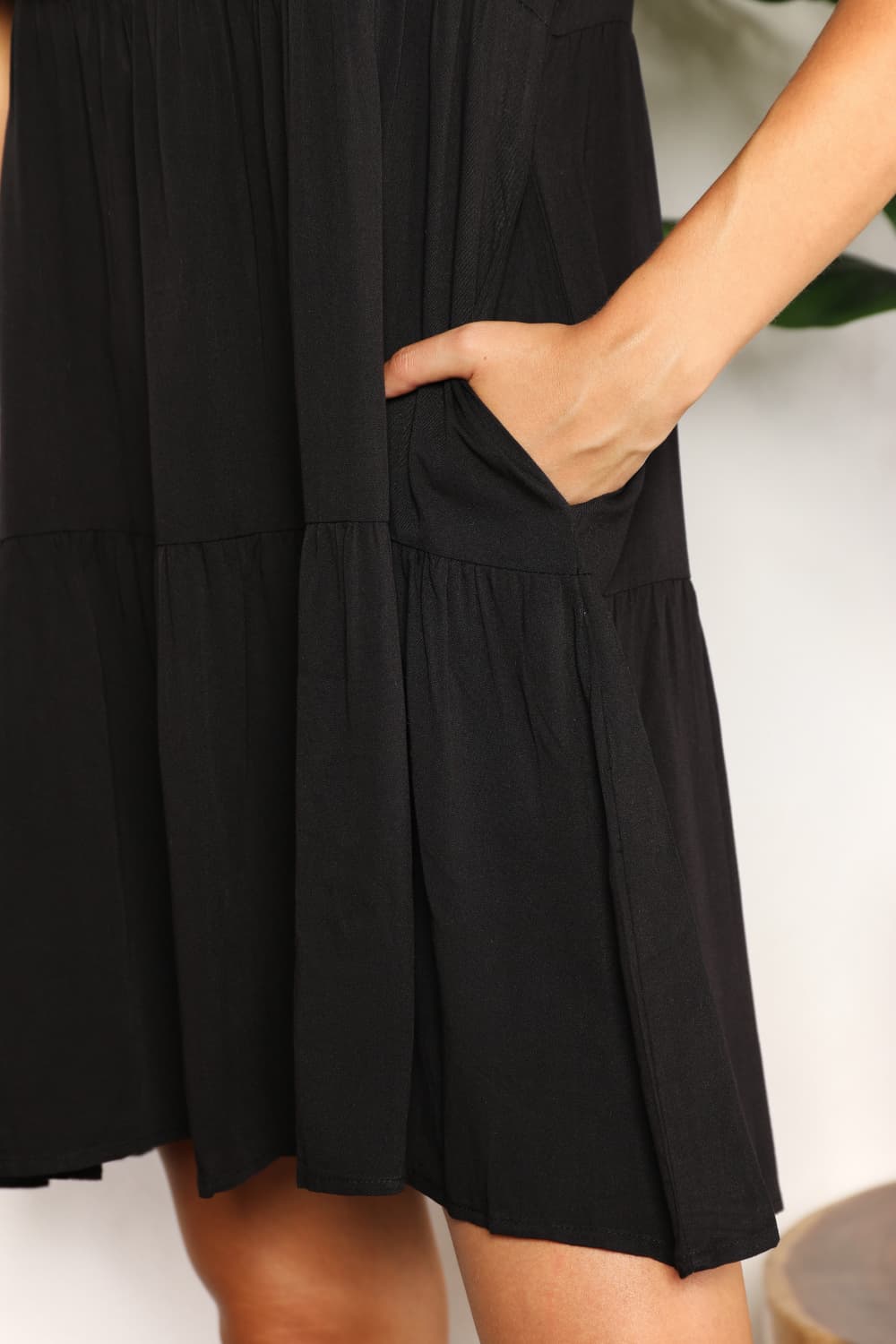 V-Neck Flounce Sleeve Tiered Dress in Black