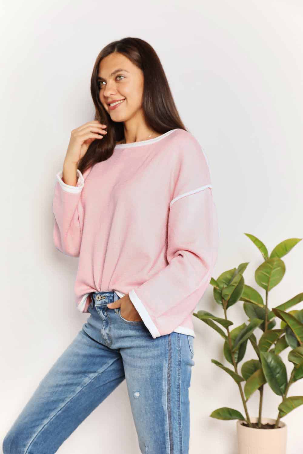 Contrast Detail Dropped Shoulder Knit Top in Blush Pink