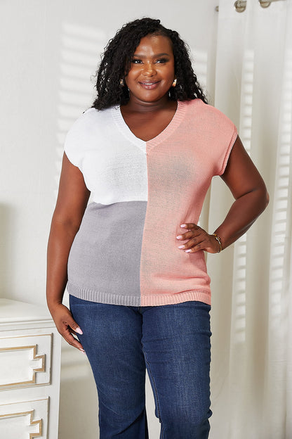 Color Block V-Neck Knit Top in Burnt Coral