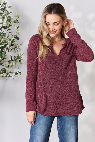 Burgundy Notched Long Sleeve Top