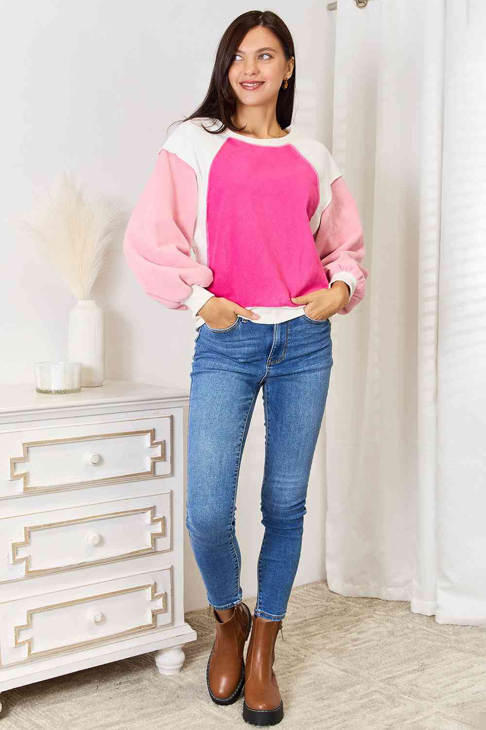 Hot Pink Color Block Dropped Shoulder Sweatshirt
