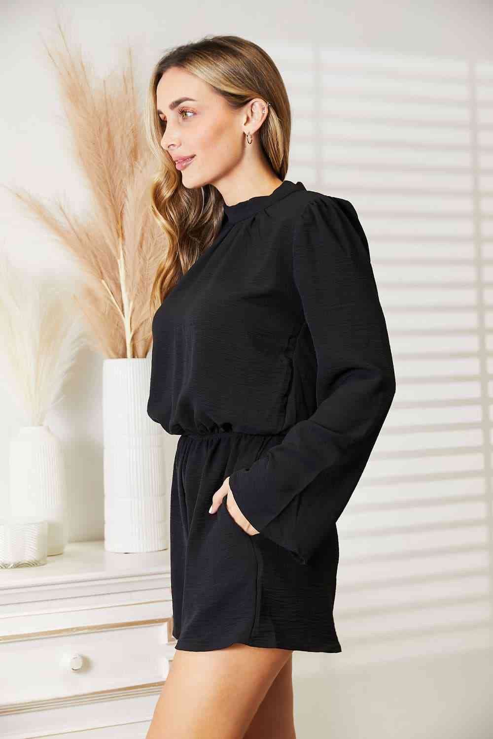 Open Back Romper with Pockets in Black