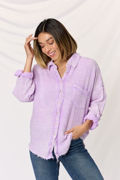 Washed Texture Button Up Raw Hem Long Sleeve Shirt in Lavender