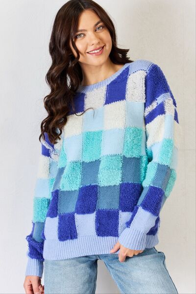 Blue Checkered Round Neck Sweater