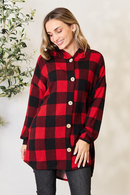 Red/Black Plaid Button Front Hooded Shirt