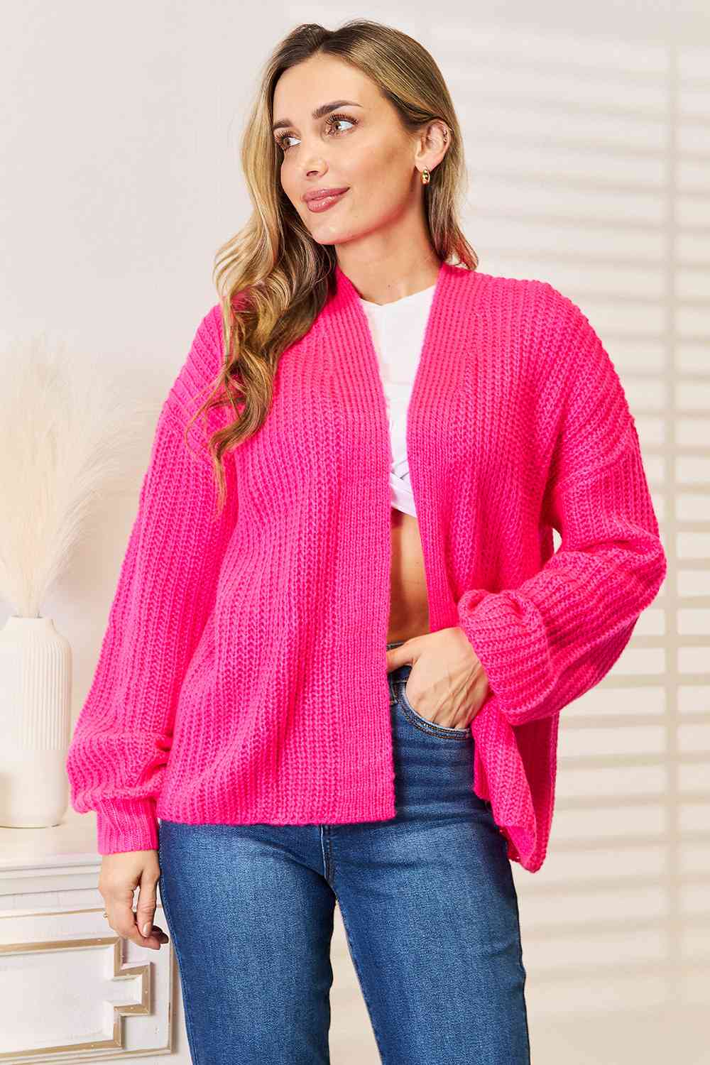 Hot Pink Rib-Knit Open Front Drop Shoulder Cardigan