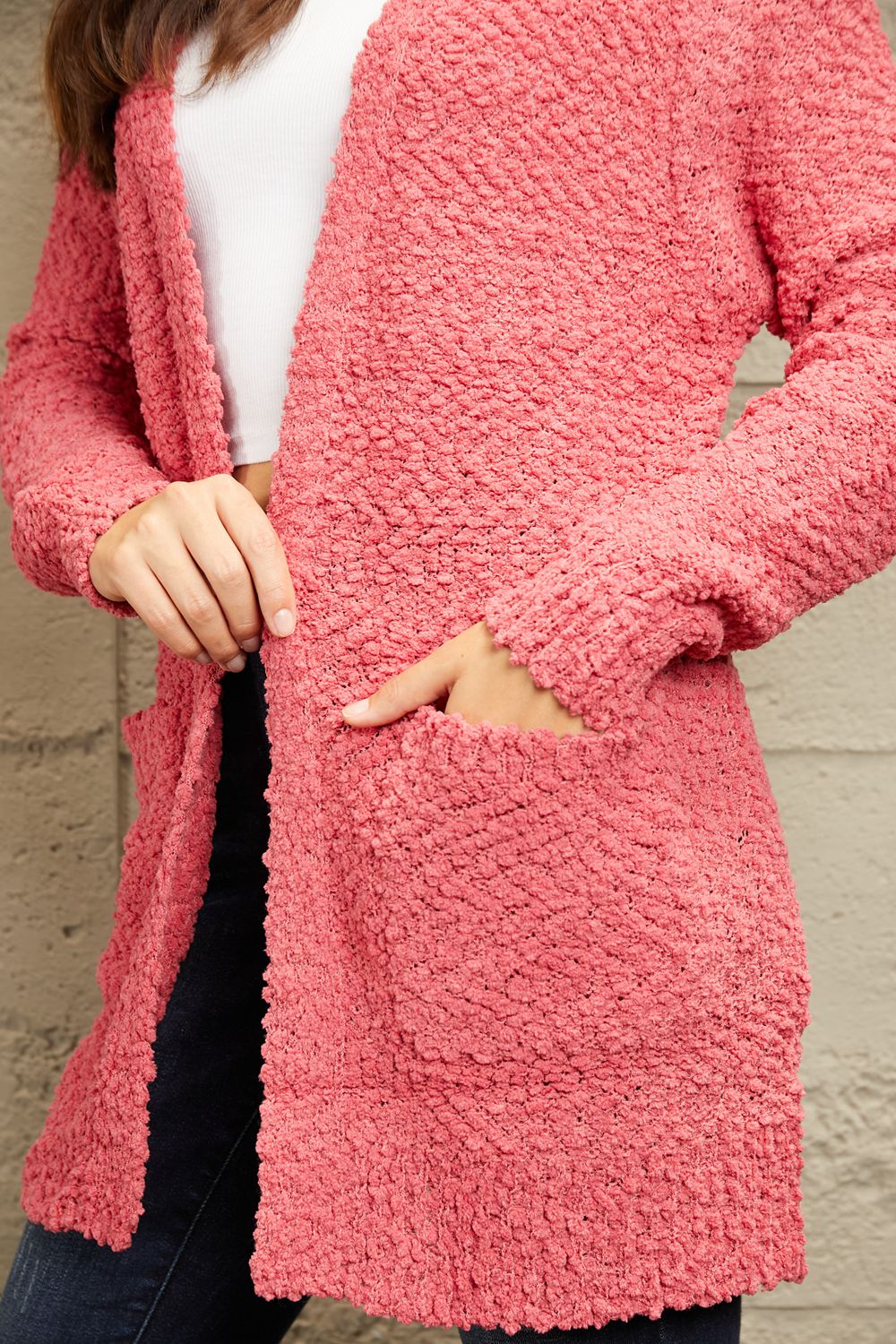 Falling For You Open Front Popcorn Cardigan in Strawberry