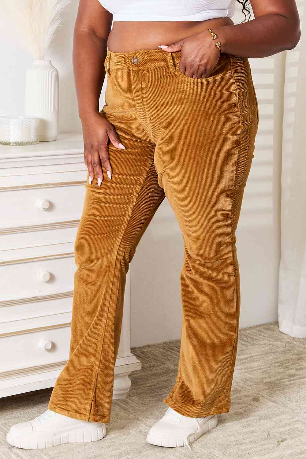 Judy Blue Mid Rise Corduroy Pants in  Camel