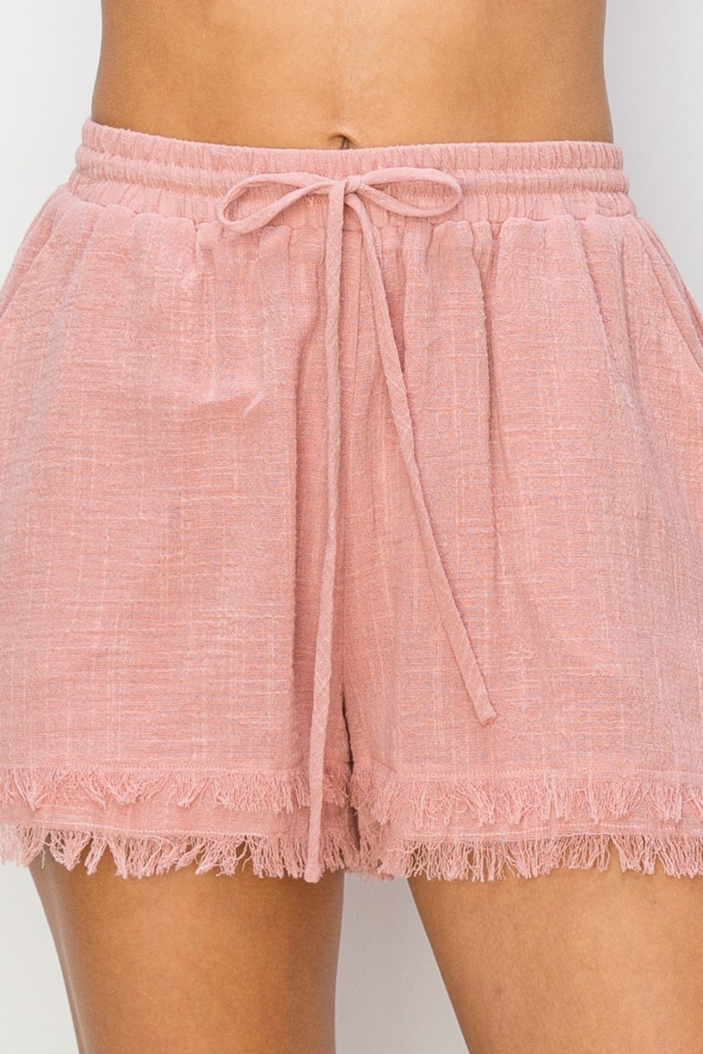 Mauve Drawstring Cotton Gauze Frayed Shorts
