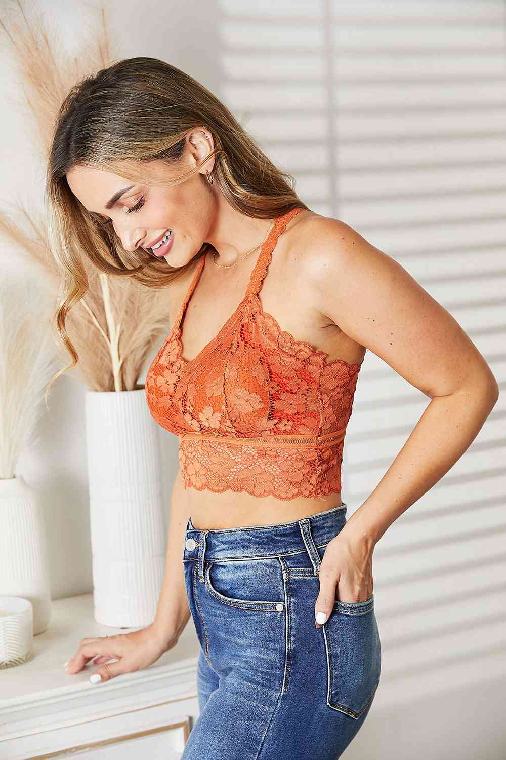 JadyK Juliette Crisscross Back Lace Bralette in Rust