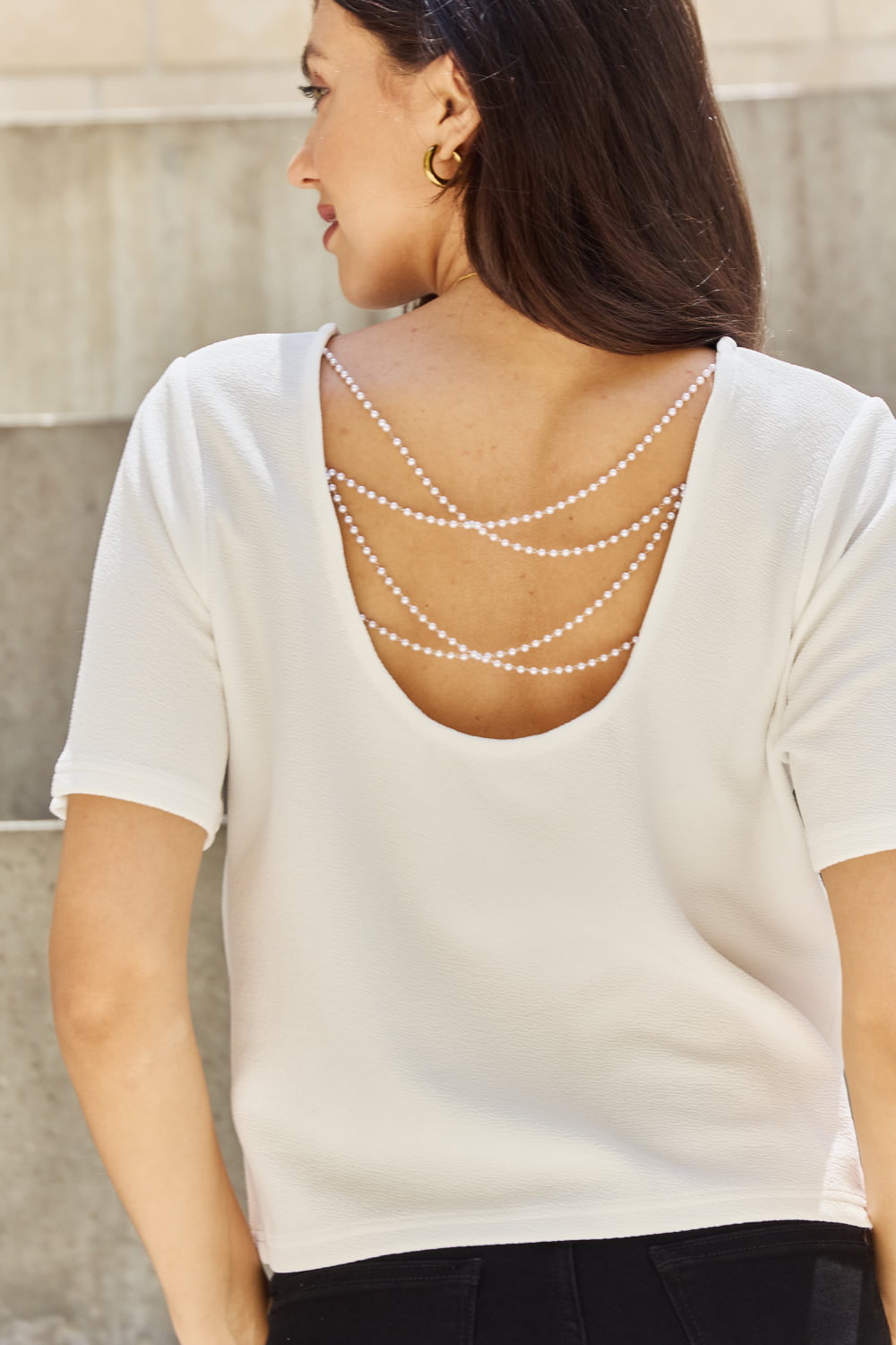 Pearly White Criss Cross Pearl Detail Open Back T-Shirt