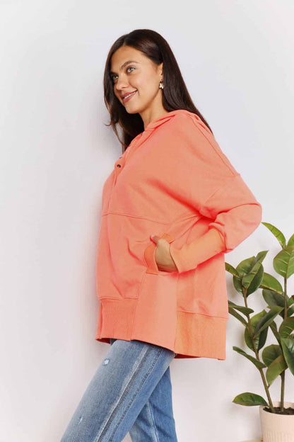 Quarter-Snap Dropped Shoulder Hoodie in Tangerine