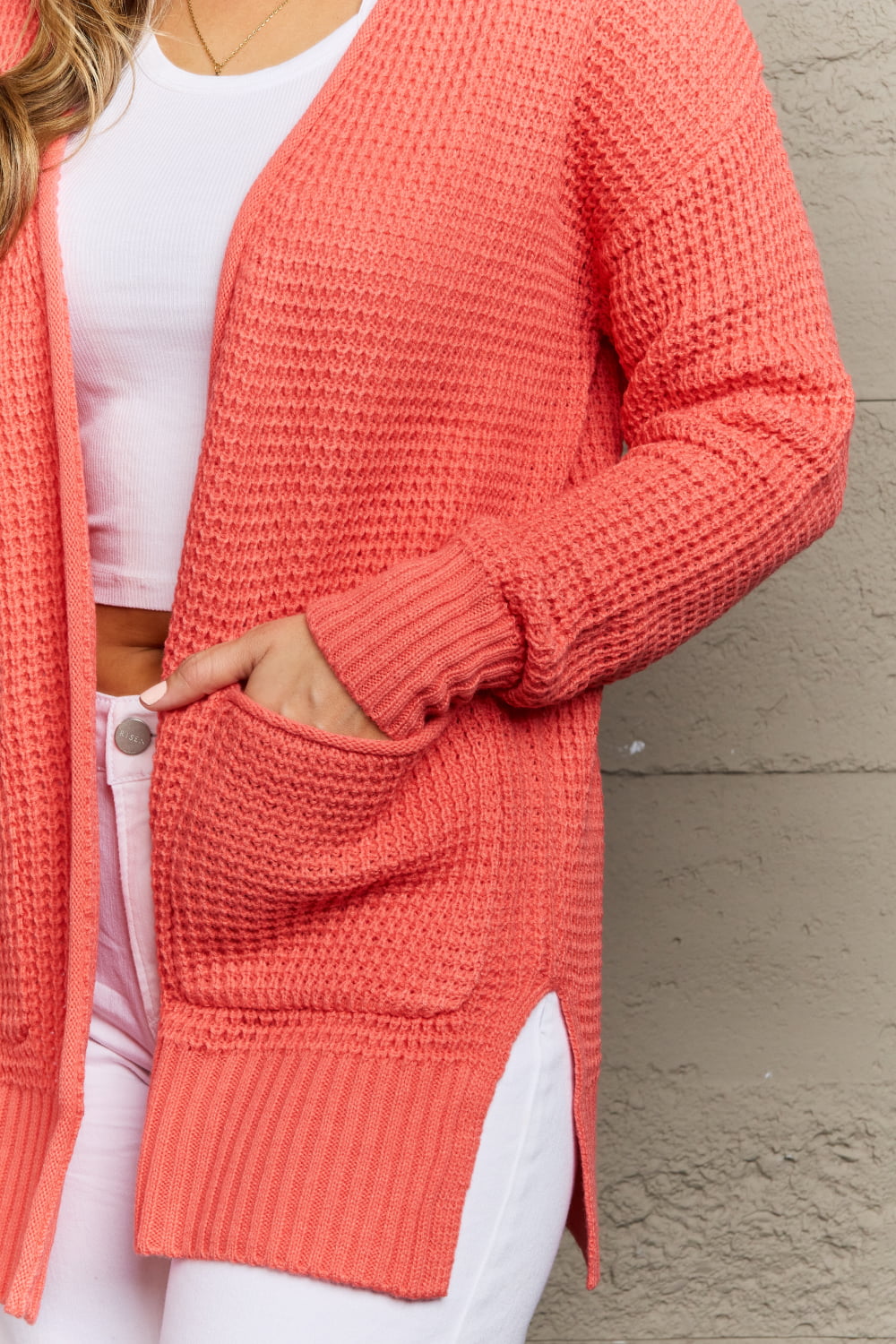 Bright & Cozy Waffle Knit Cardigan in Coral