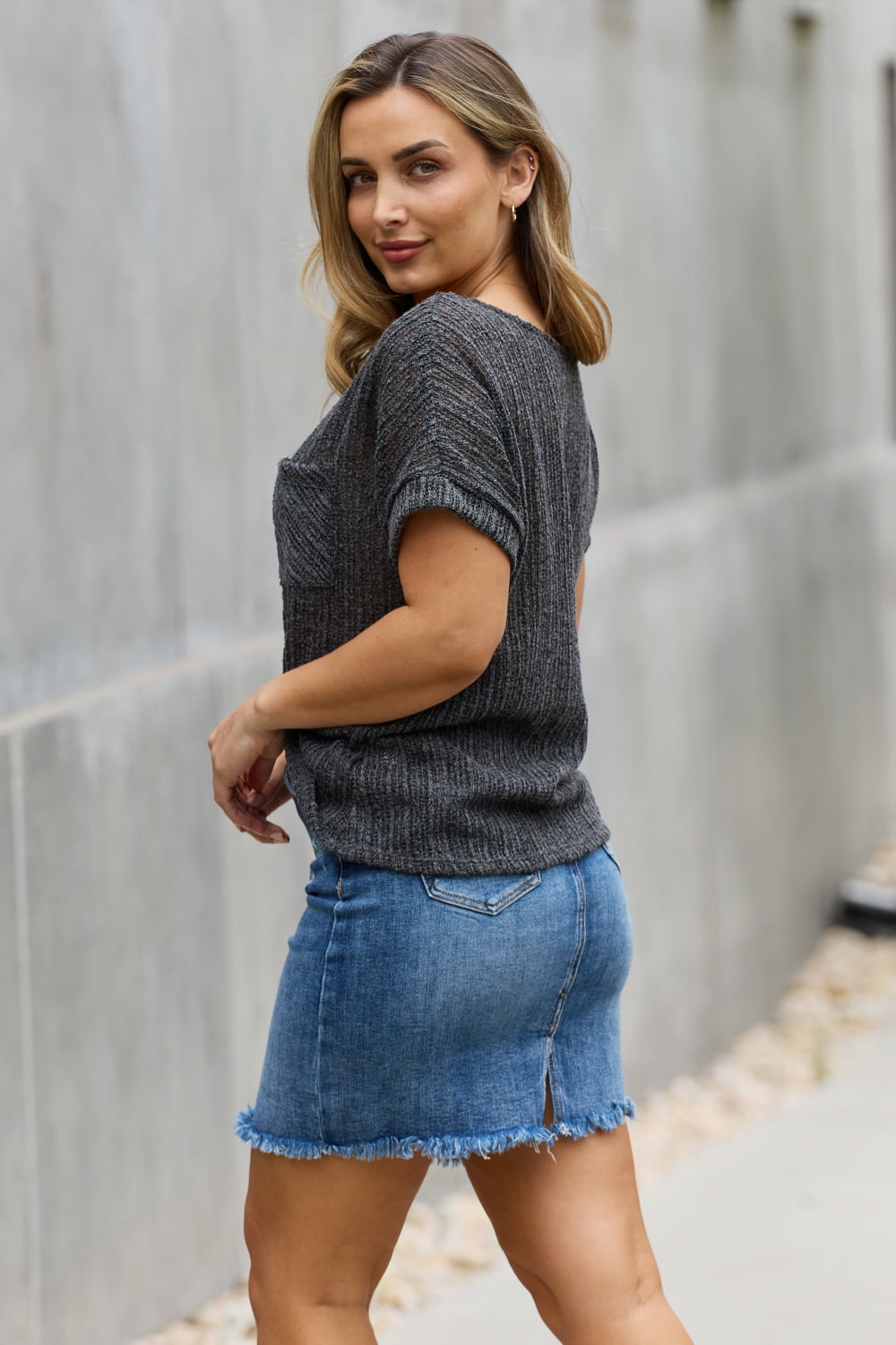 Chunky Knit Short Sleeve Top in Gray (MADE IN USA)