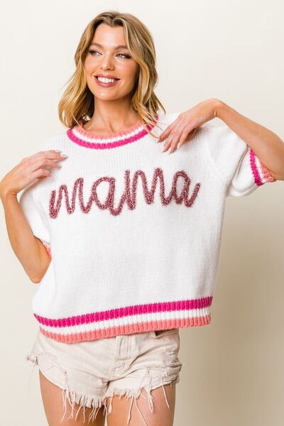 MAMA Contrast Trim Short Sleeve Sweater White/Fuchsia