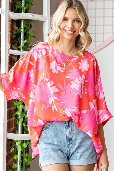 Coral Multi Slit Printed Round Neck Half Sleeve Blouse