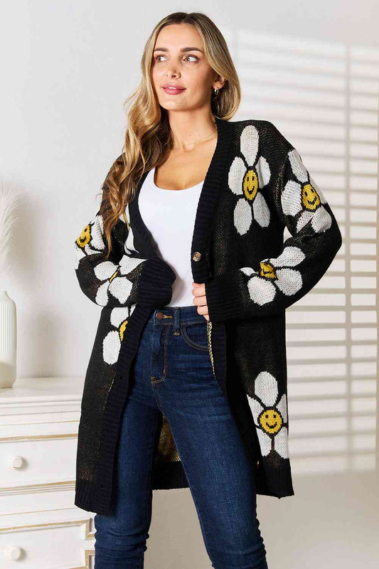 Smiley Face Floral Button Down Longline Cardigan in Black