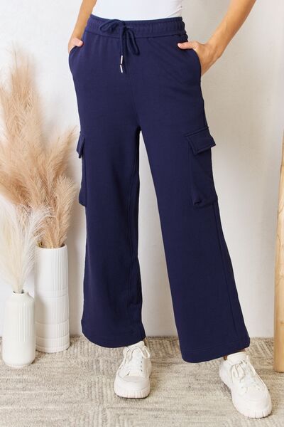 Drawstring Relaxed Cargo Wide Leg Pants in Navy