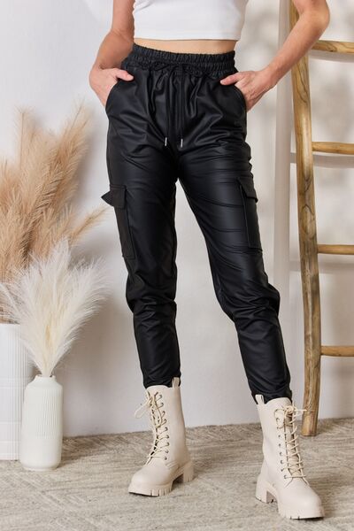Black Faux Leather Cargo Pants