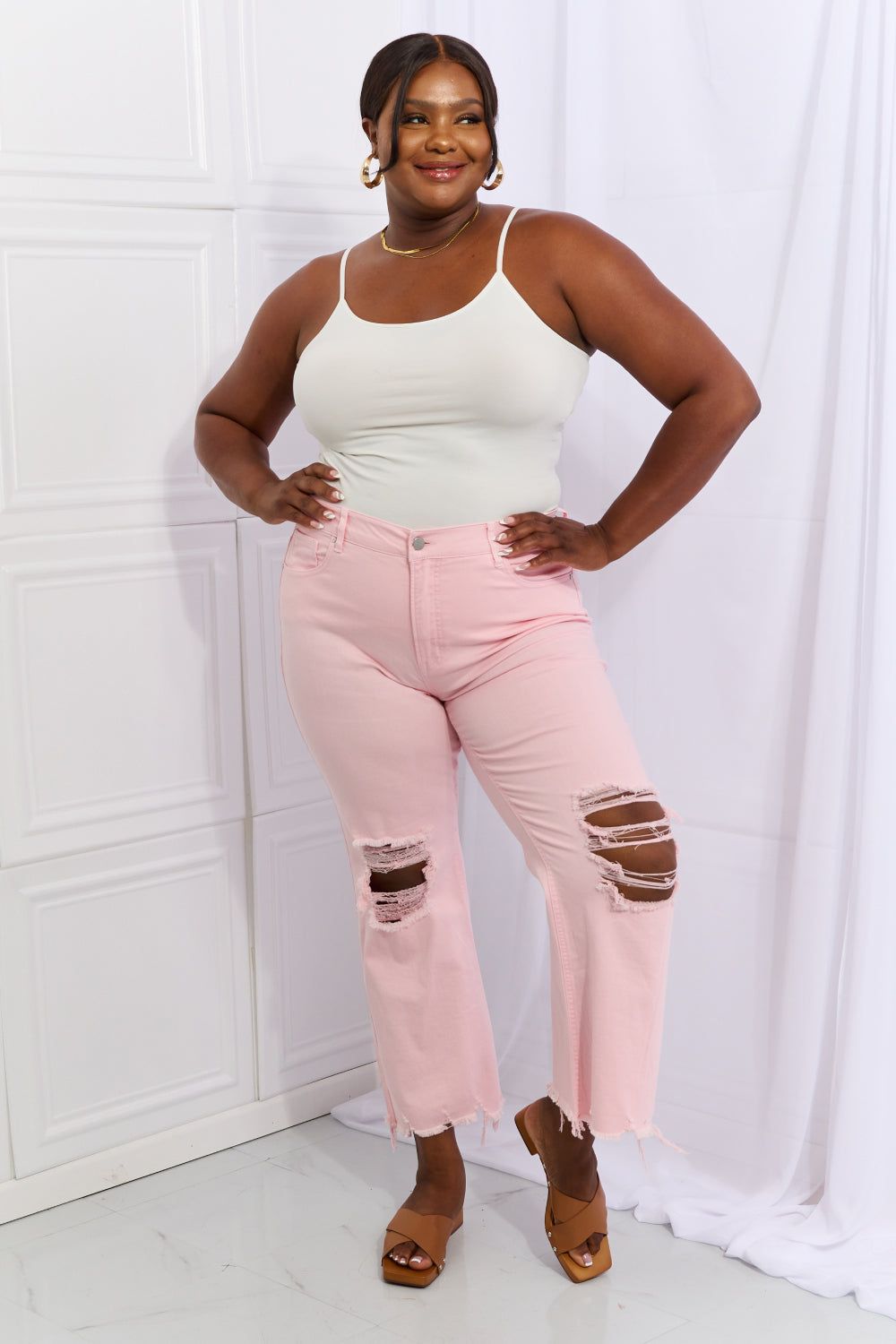 RISEN Miley Distressed Ankle Flare Jeans in Blush Pink