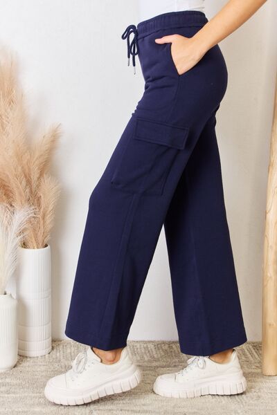 Drawstring Relaxed Cargo Wide Leg Pants in Navy